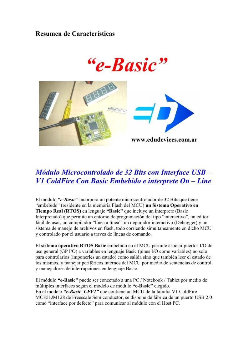 Imágen de pdf e-Basic - Módulo Microcontrolado de 32 Bits con Interface USB - V1 ColdFire Con Basic Embebido e interprete OnLine