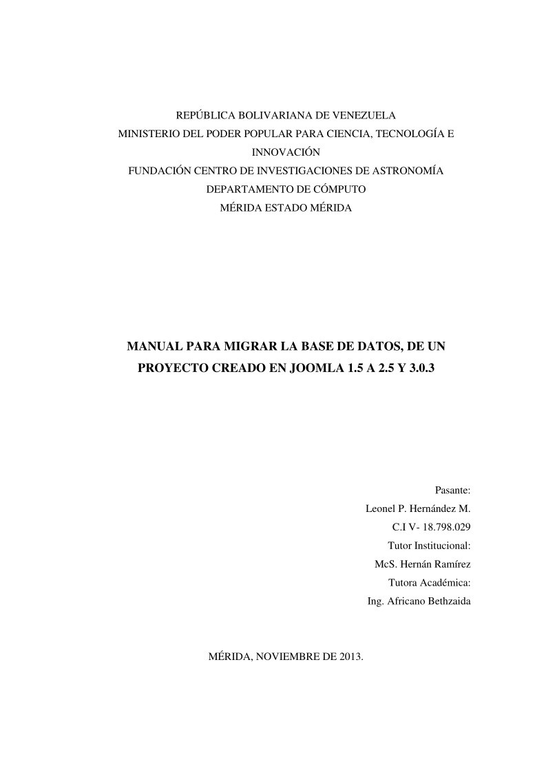 Imágen de pdf MANUAL PARA MIGRAR LA BASE DE DATOS, DE UN PROYECTO CREADO EN JOOMLA 1.5 A 2.5 Y 3.0.3