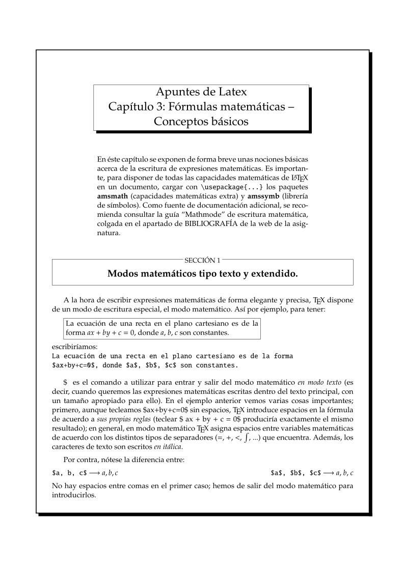 Imágen de pdf Apuntes de Latex Capítulo 3: Fórmulas matemáticas - Conceptos básicos