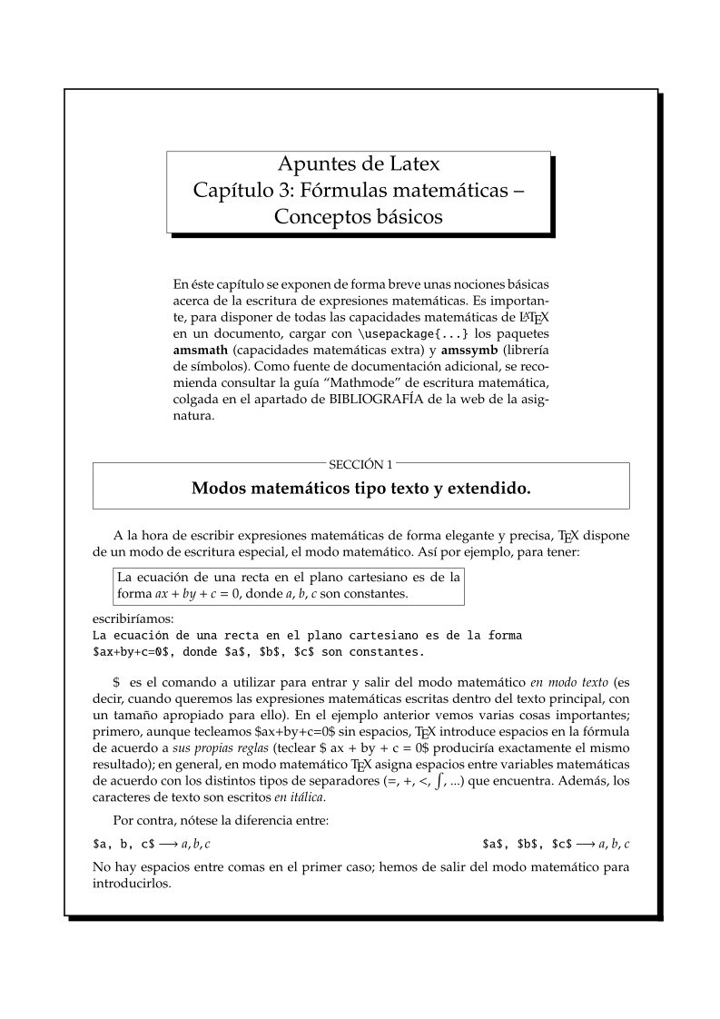 Imágen de pdf Apuntes de Latex Capítulo 3: Fórmulas matemáticas - Conceptos básicos