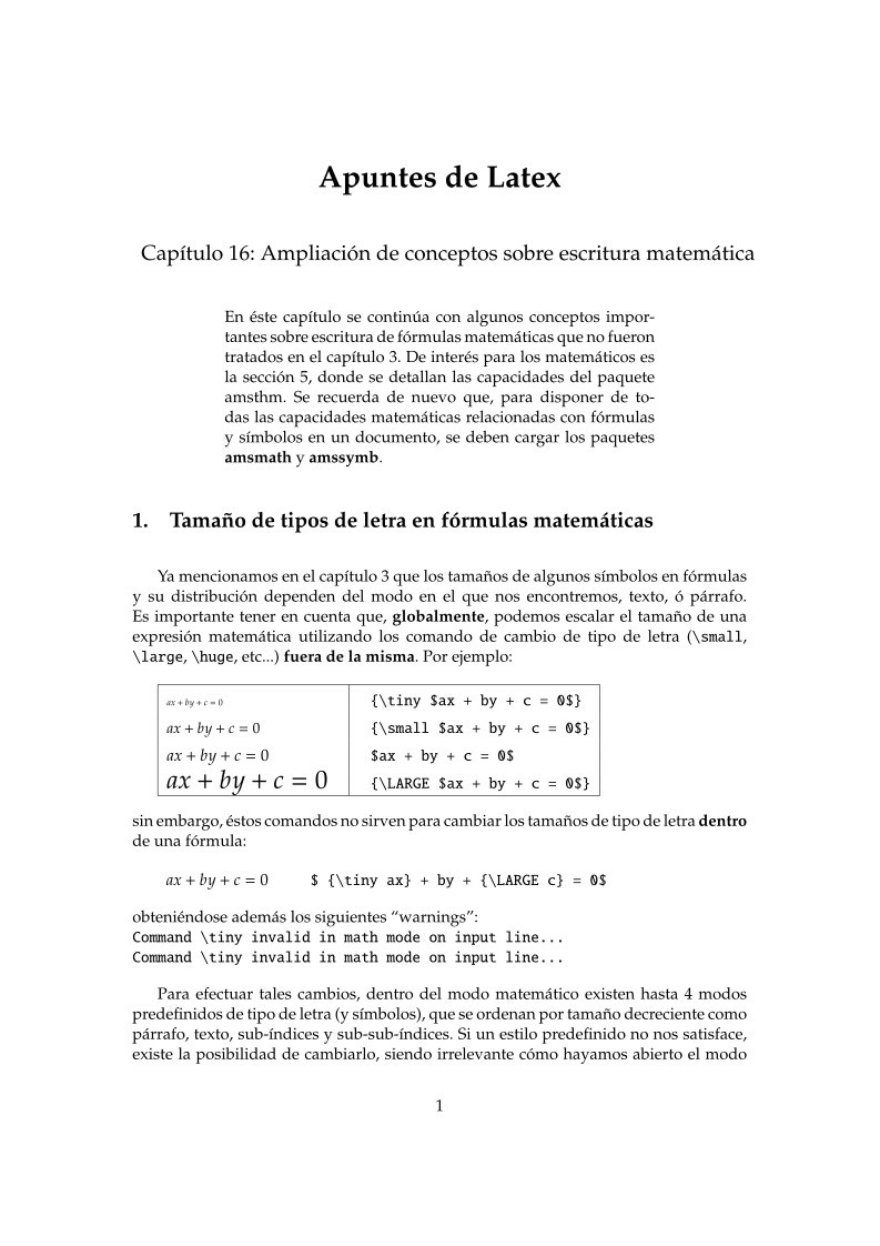 Imágen de pdf Apuntes de Latex Capítulo 16: Ampliación de conceptos sobre escritura matemática