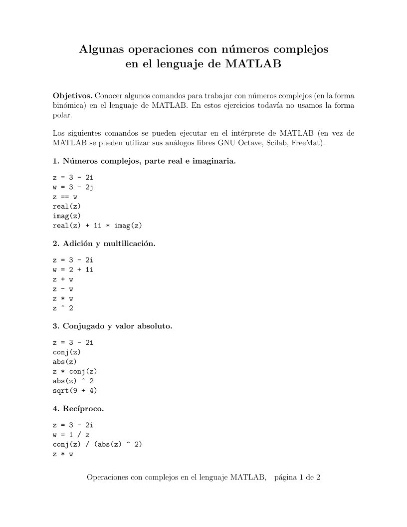 Pdf De Programacion Algunas Operaciones Con Numeros Complejos En