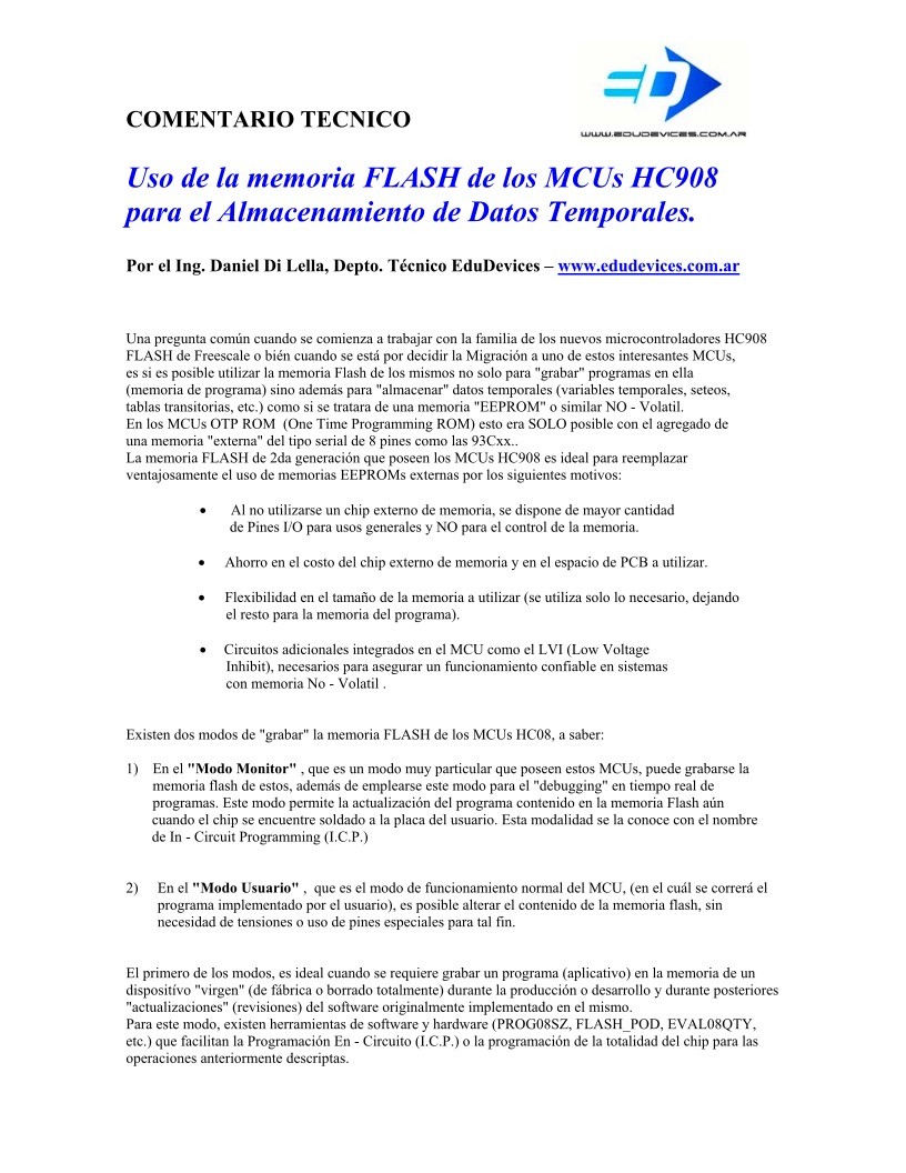 Imágen de pdf Uso de la memoria FLASH de los MCUs HC908 para el Almacenamiento de Datos Temporales