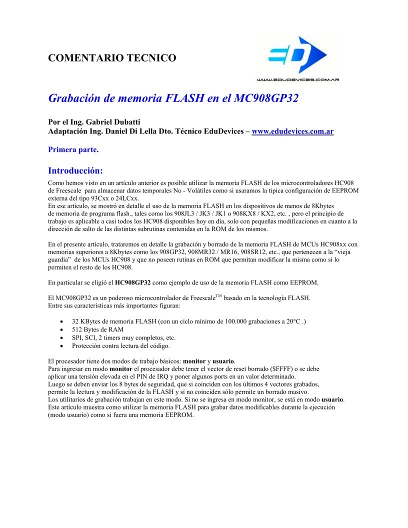 Imágen de pdf Grabación de memoria FLASH en el MC908GP32