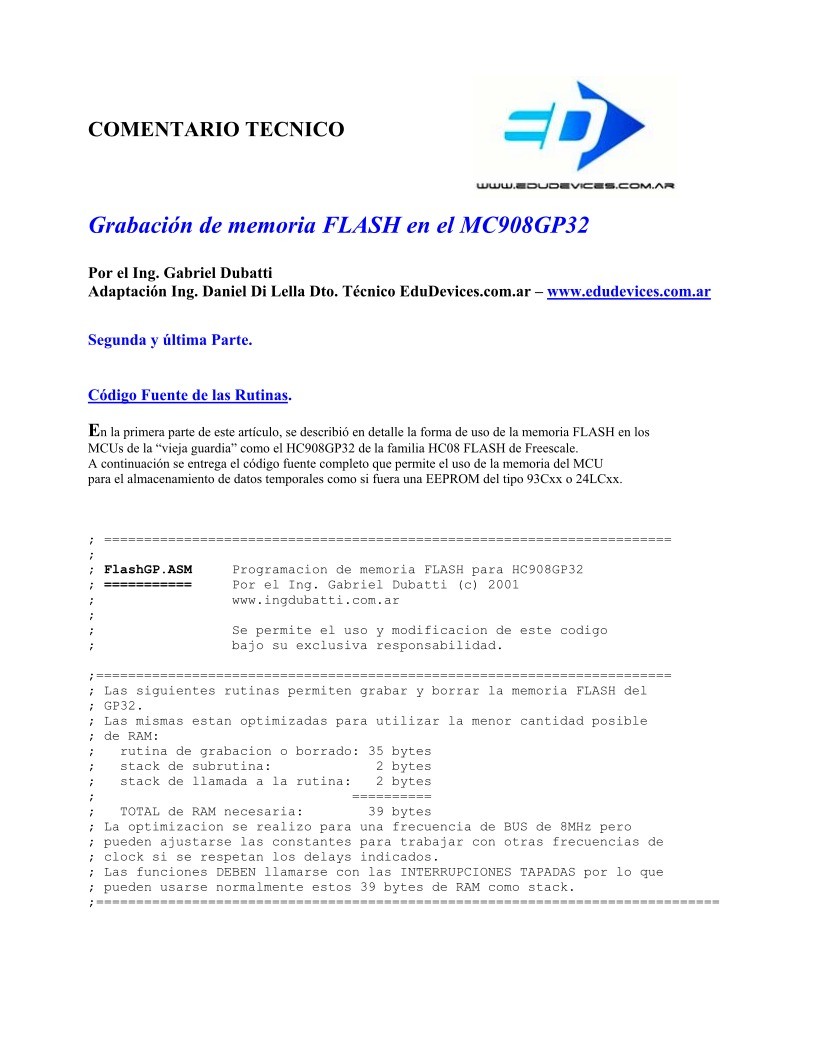 Imágen de pdf Grabación de memoria FLASH en el MC908GP32