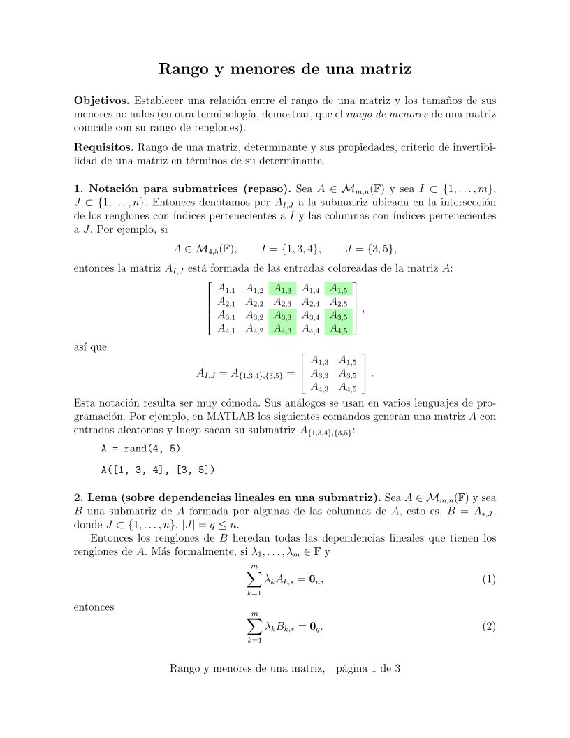 Imágen de pdf Rango y menores de una matriz