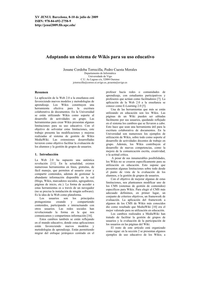 Imágen de pdf Adaptando un sistema de Wikis para su uso educativo