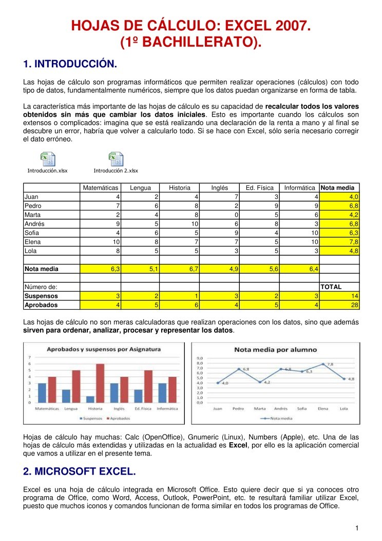 Imágen de pdf Hojas de cálculo: Excel 2007. (1º Bachillerato)