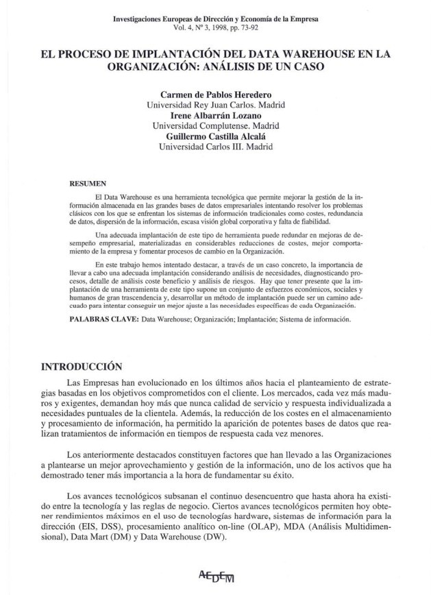 Imágen de pdf EL PROCESO DE IMPLANTACIÓN DEL DATA WAREHOUSE EN LA ORGANIZACIÓN: ANÁLISIS DE UN CASO