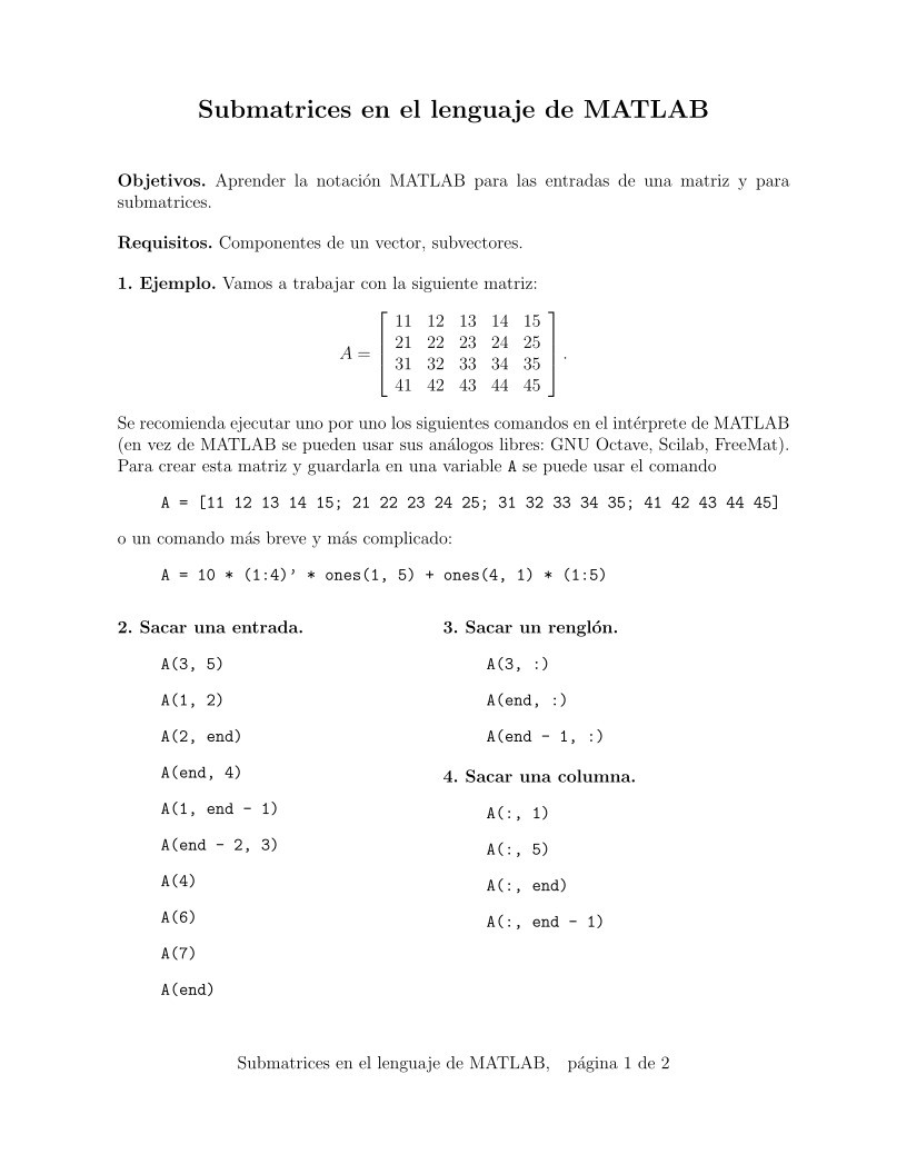 Imágen de pdf Submatrices en el lenguaje de MATLAB