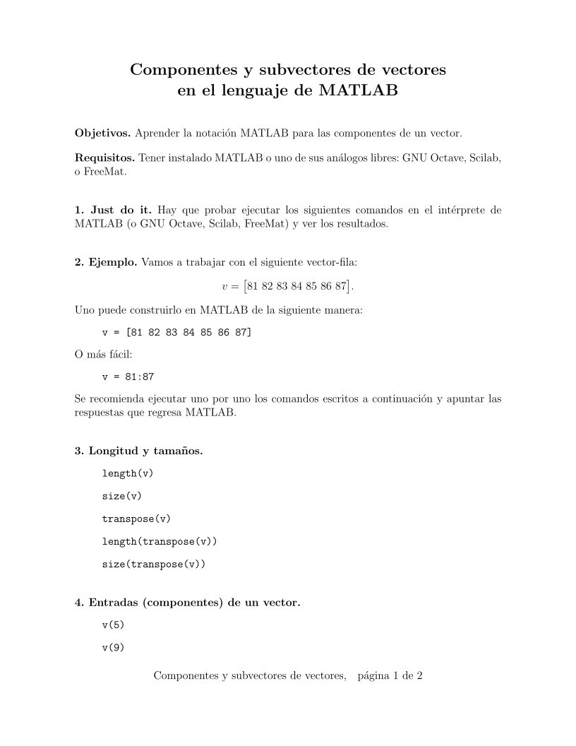 Imágen de pdf Componentes y subvectores de vectores en el lenguaje de MATLAB