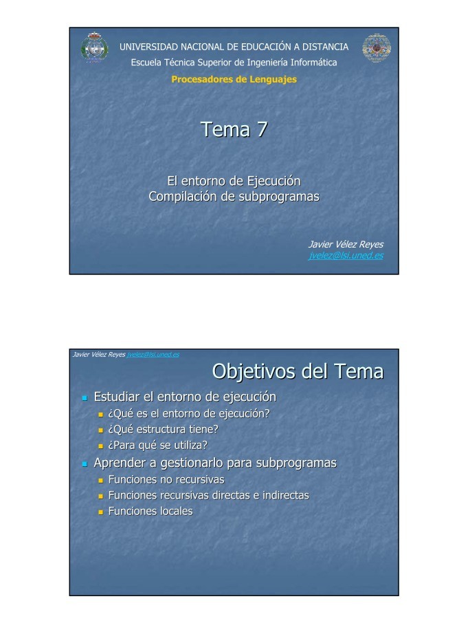 Imágen de pdf Procesadores de Lenguajes - Tema 7. Compilación de subprogramas