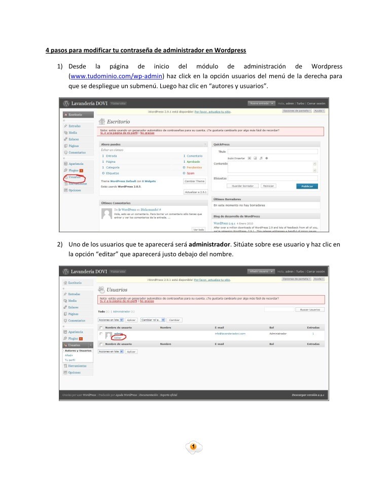 Imágen de pdf modificar password admin en Wordpress