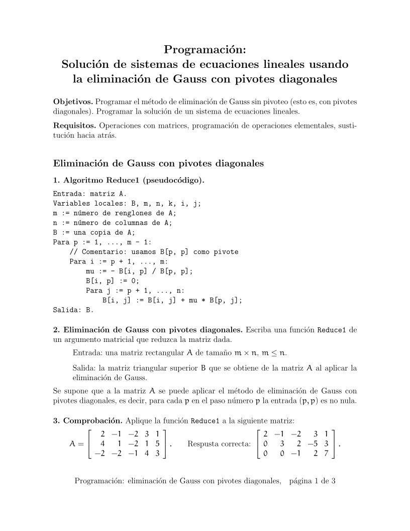 Imágen de pdf Programación: Solución de sistemas de ecuaciones lineales usando la eliminación de Gauss con pivotes diagonales
