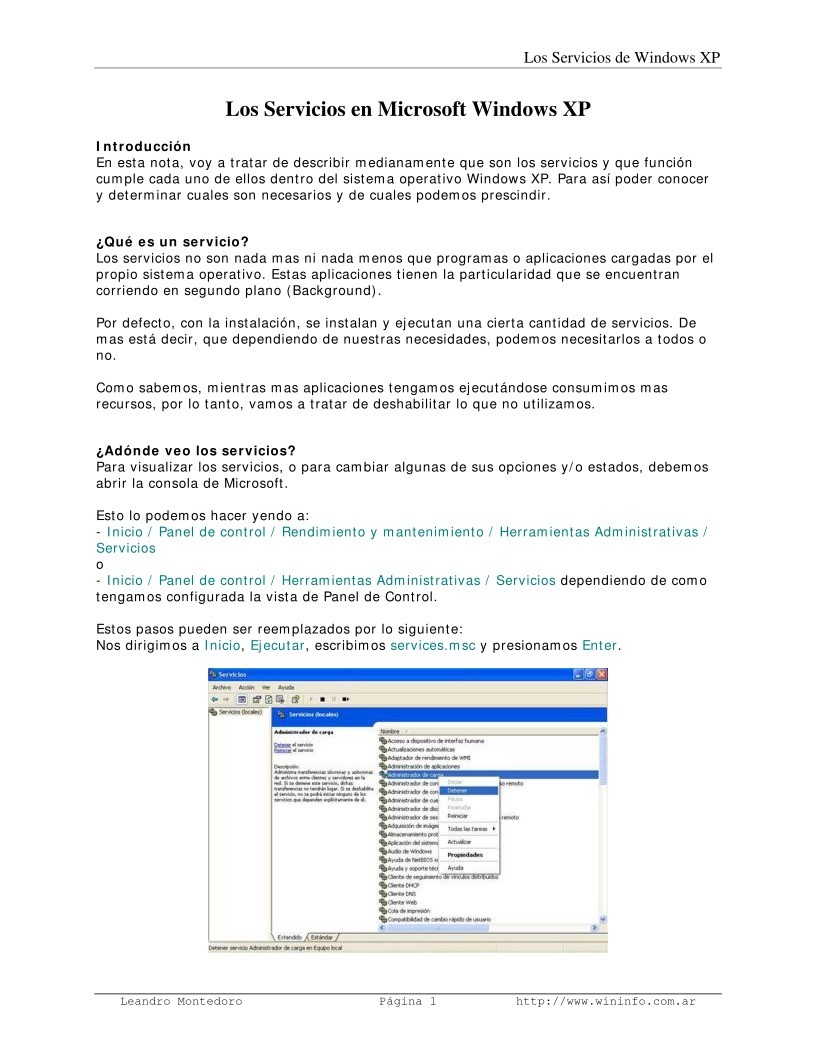 Imágen de pdf Los servicios de Windows XP