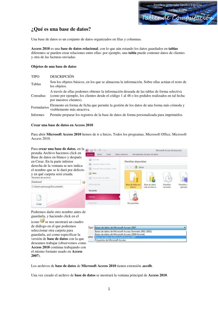 Imágen de pdf Taller de Computacion - Manual Access 2010 - Que es una base de datos?