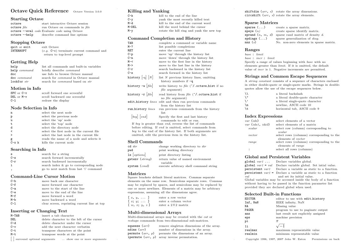 Imágen de pdf Octave Quick Reference
