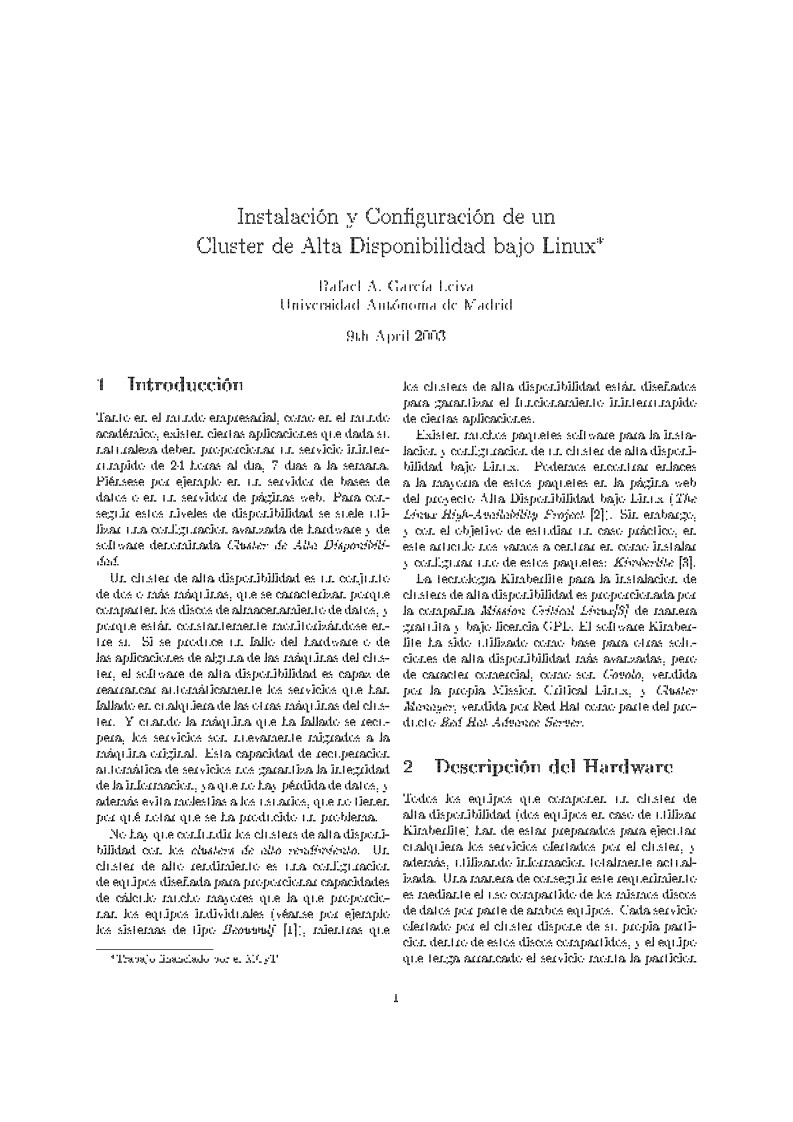 Imágen de pdf Instalación y configuración de un Cluster de Alta Disponibilidad bajo Linux