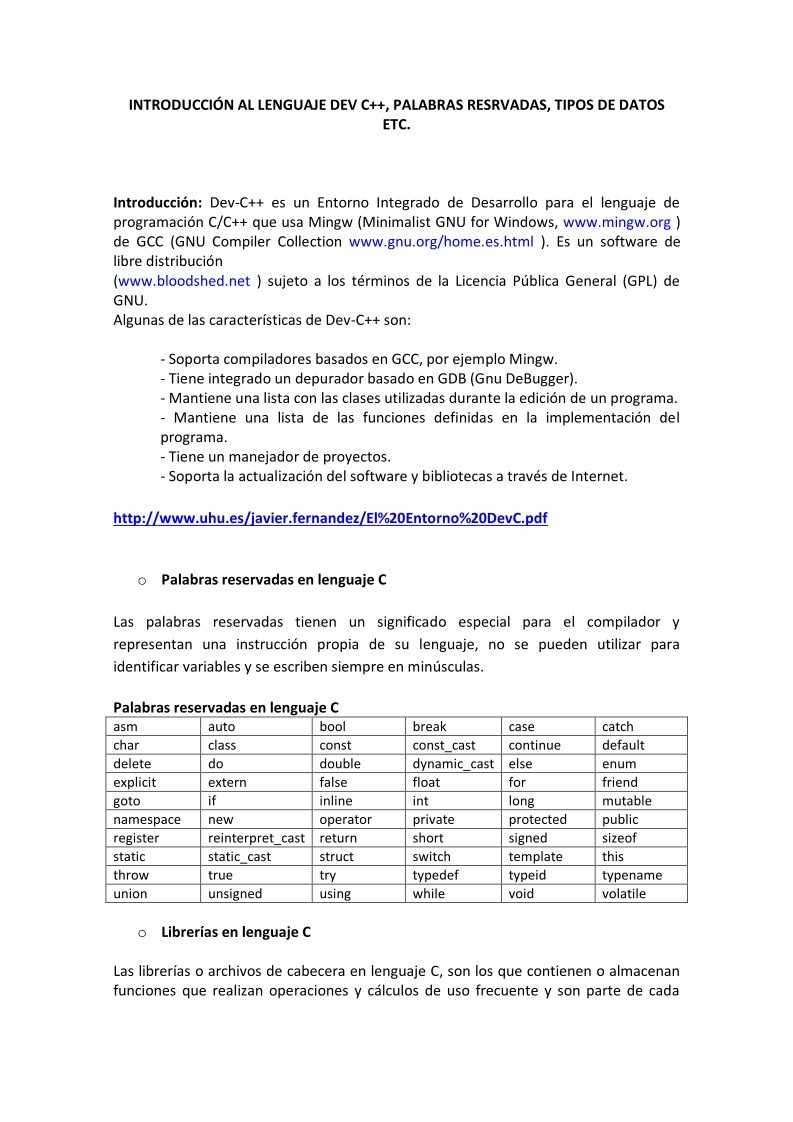 Imágen de pdf Introducción al lenguaje Dev C++, palabras reservadas, tipos de datos, etc...