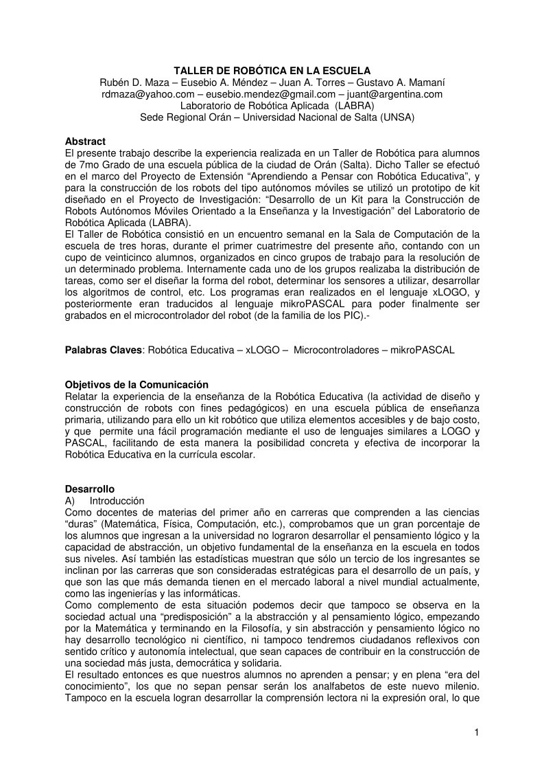 Imágen de pdf Taller de Robótica en la escuela