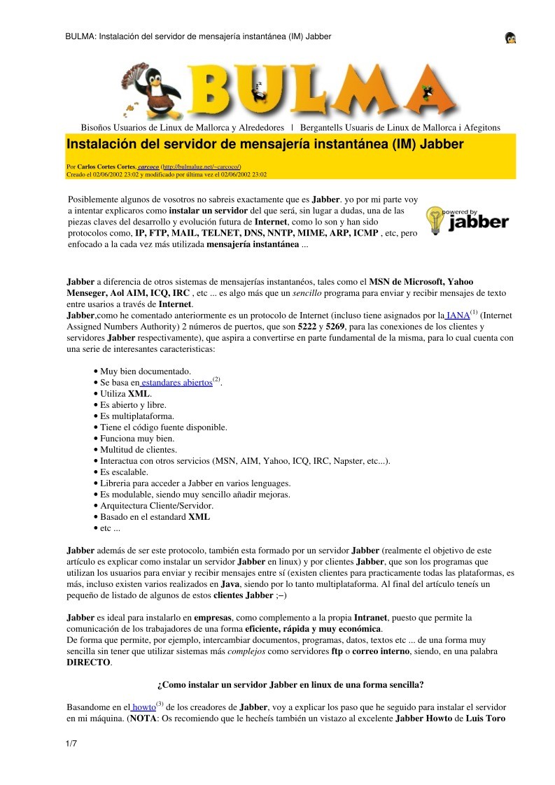 Imágen de pdf BULMA: Instalación del servidor de mensajería instantánea (IM) Jabber