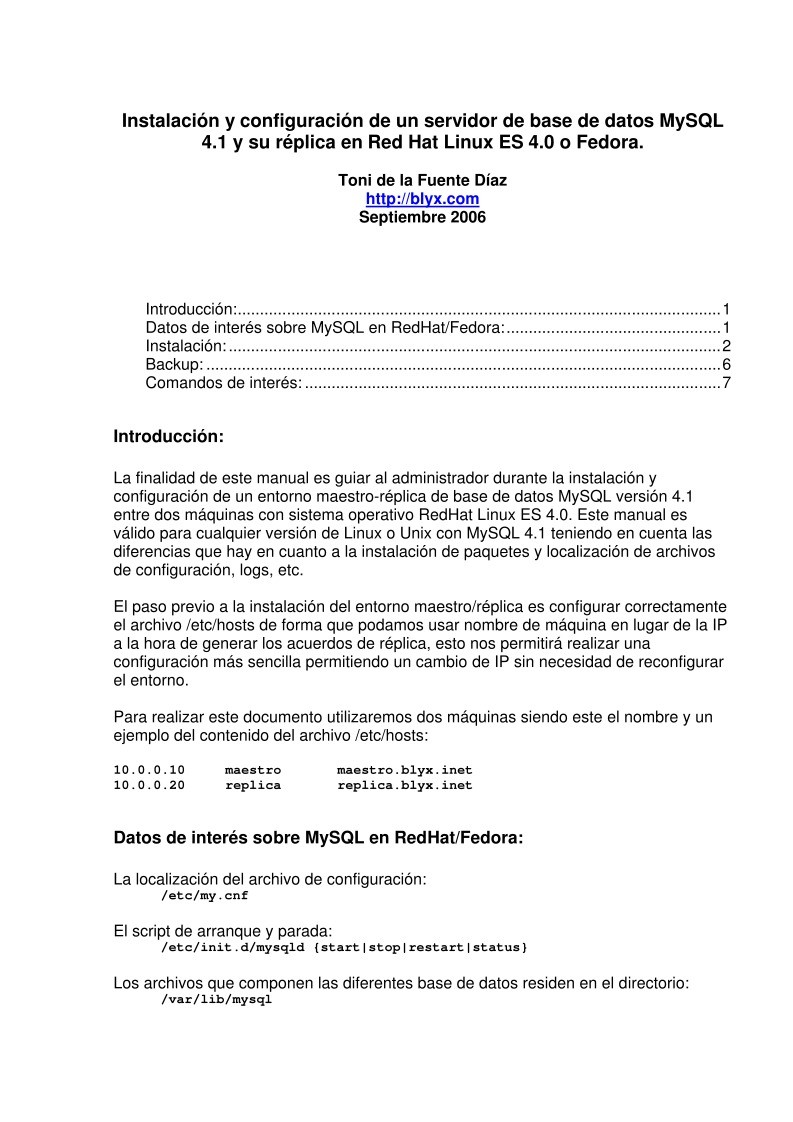 Imágen de pdf Instalación y configuración de un servidor de base de datos MySQL 4.1 y su réplica en Red Hat Linux ES 4.0 o Fedora