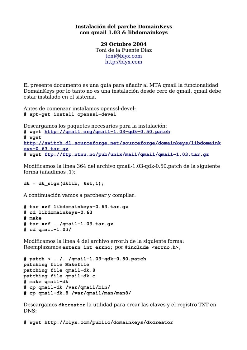 Imágen de pdf Instalación del parche DomainKeys con qmail 1.03 & libdomainkeys
