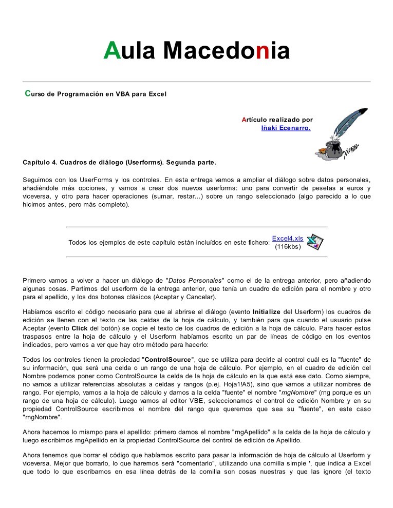 Imágen de pdf Curso de programación en VBA para Excel - Capítulo 4. Cuadros de diálogo (Userforms). Segunda parte.