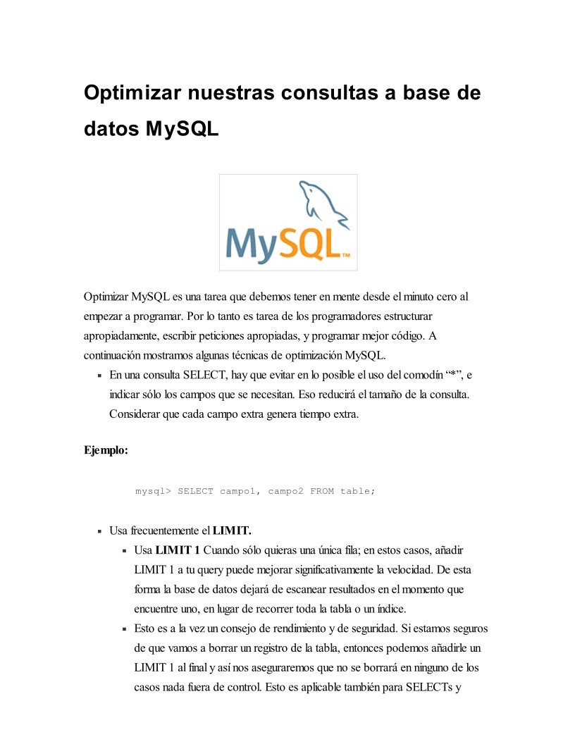 Imágen de pdf Optimizar nuestras consultas a base de datos MySQL