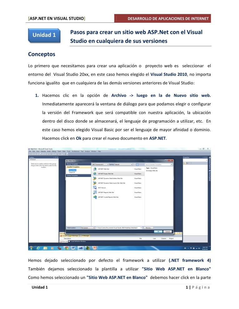 Imágen de pdf Pasos para crear un sitio web ASP.Net con el Visual Studio en cualquiera de sus versiones