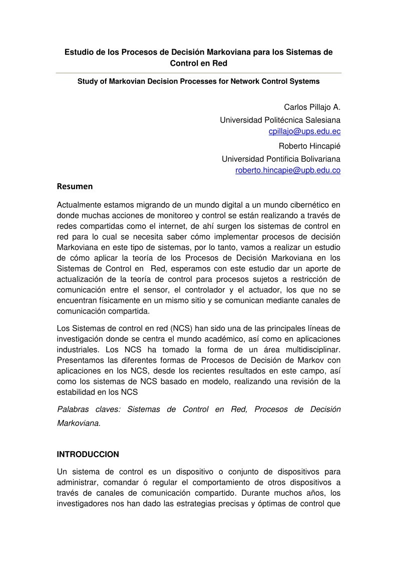 Imágen de pdf Estudio de los Procesos de Decisión Markoviana para los Sistemas de Control en Red