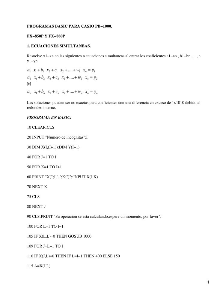 Imágen de pdf Programas Basic para Casio PB-1000, FX-850P Y FX-880P