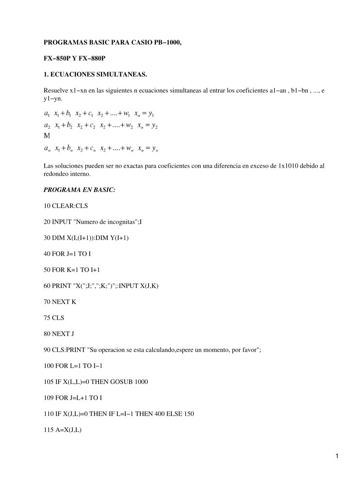 Imágen de pdf Programas Basic para Casio PB-1000, FX-850P Y FX-880P