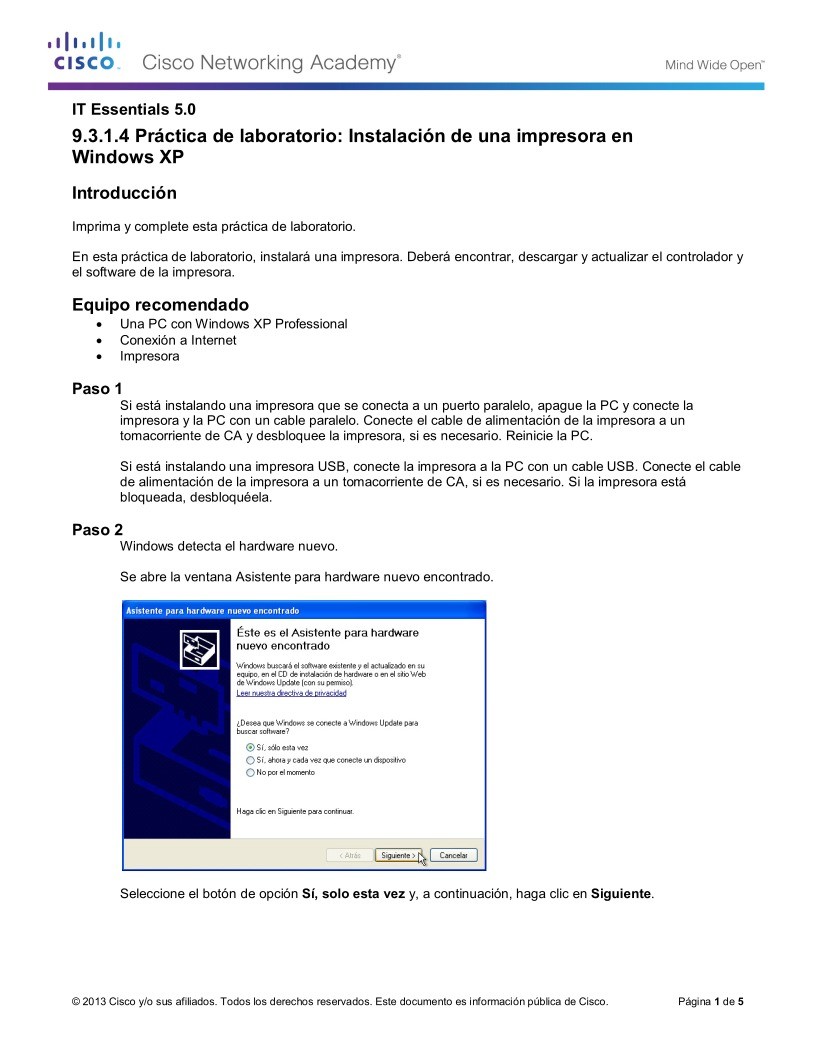 Imágen de pdf Práctica de laboratorio: Instalación de una impresora en Windows XP