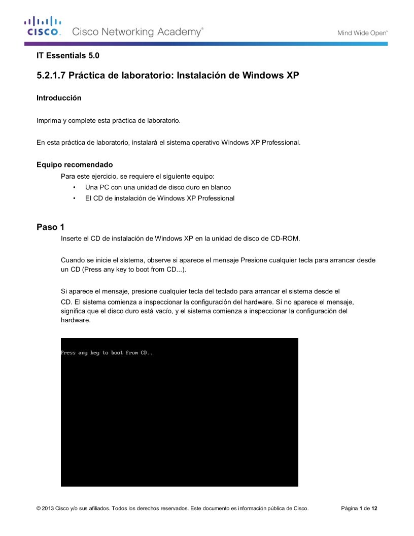 Imágen de pdf Práctica de laboratorio: Instalación de Windows XP
