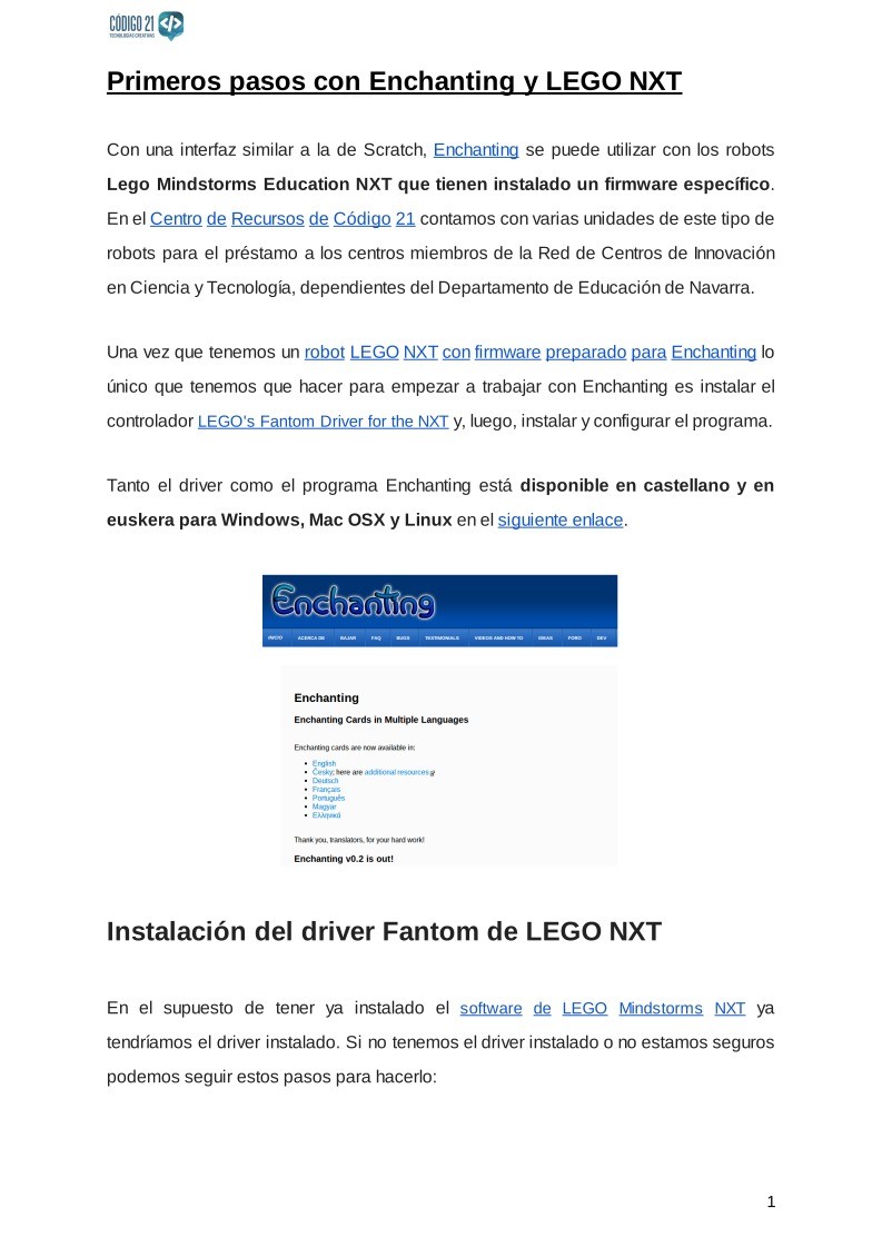 Imágen de pdf Primeros pasos con Enchanting y LEGO NXT
