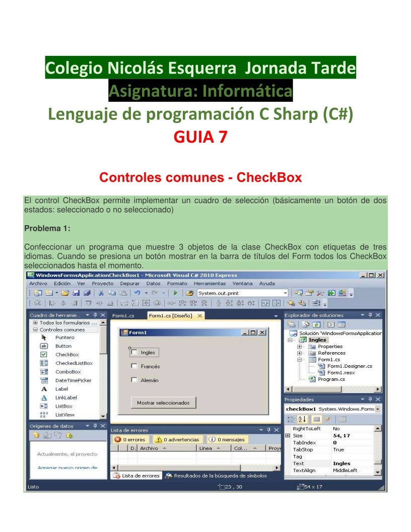 Imágen de pdf GUIA 7 Controles comunes - CheckBox - Lenguaje de programación C Sharp