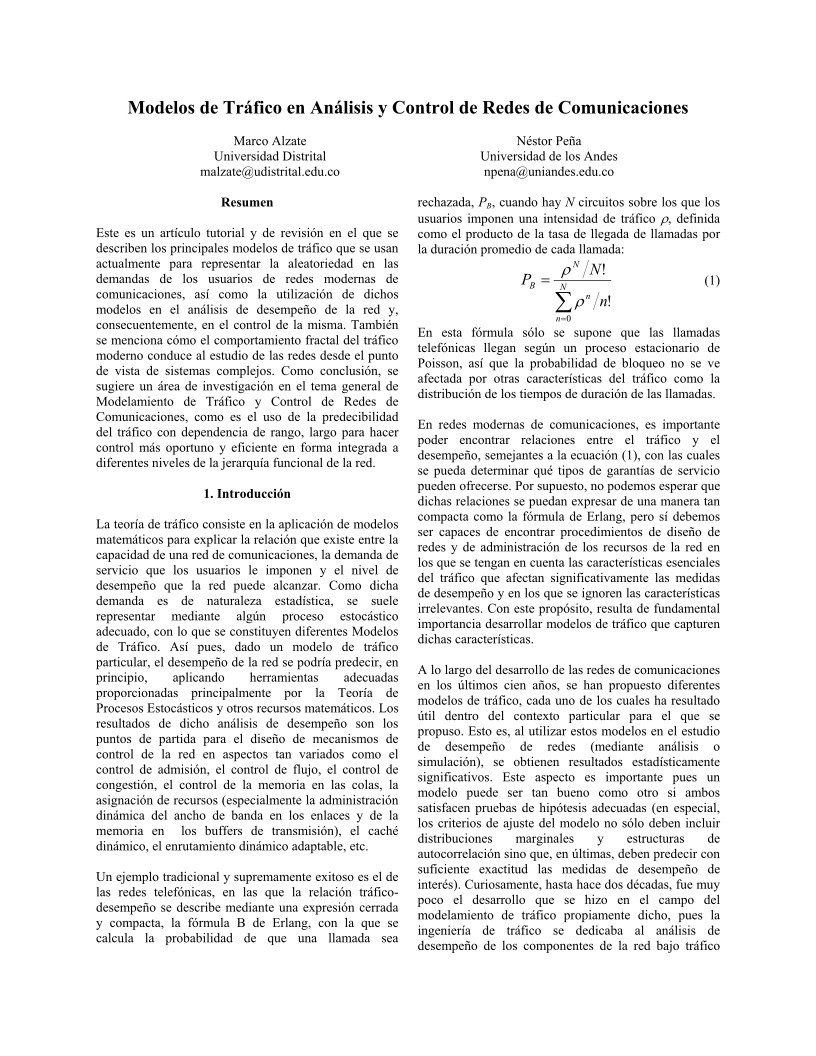 Imágen de pdf Modelos de Tráfico en Análisis y Control de Redes de Comunicaciones