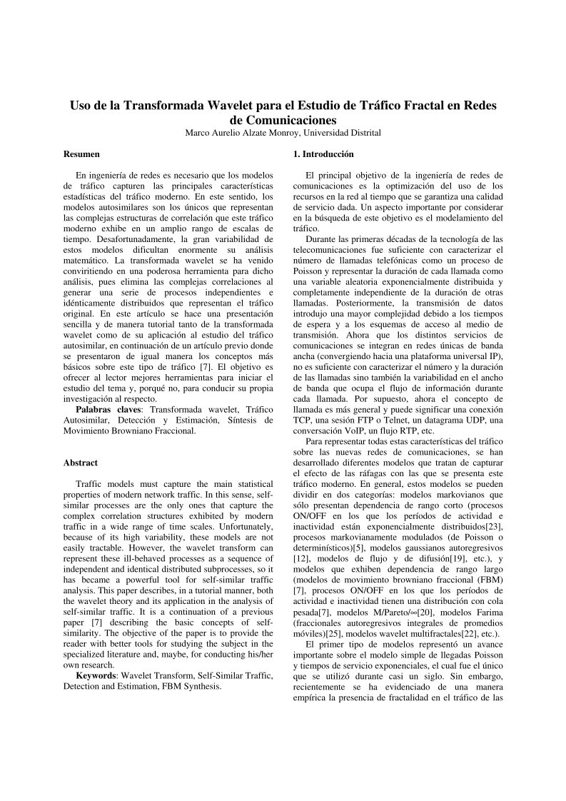 Imágen de pdf Uso de la Transformada Wavelet para el Estudio de Tráfico Fractal en Redes de Comunicaciones