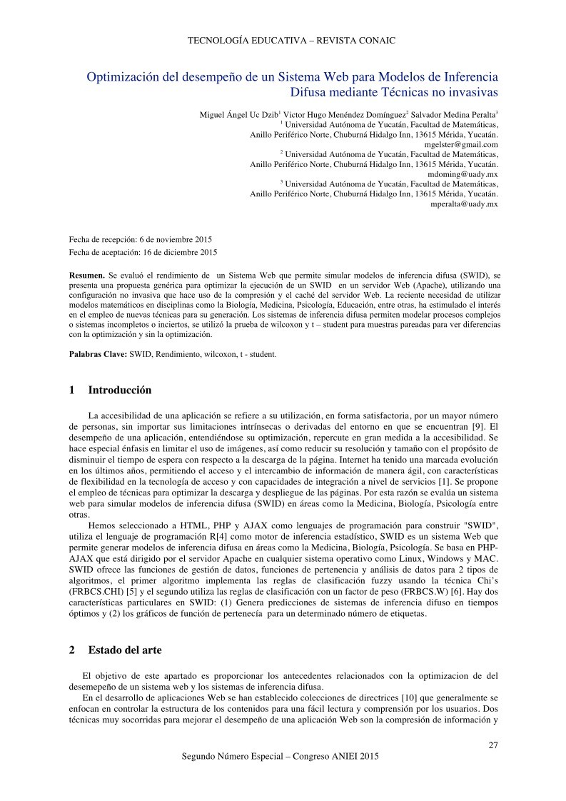 Imágen de pdf Optimización del desempeño de un Sistema Web para Modelos de Inferencia Difusa mediante Técnicas no invasivas