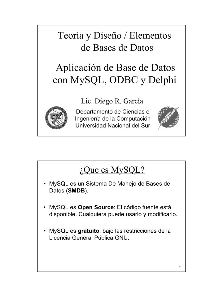 Imágen de pdf Aplicación de Base de Datos con MySQL, ODBC y Delphi - Teoría y Diseño / Elementos de Bases de Datos