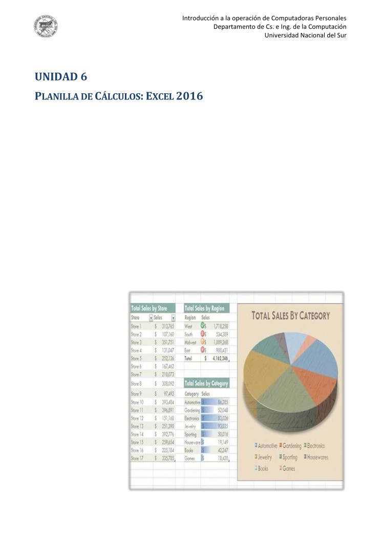 Imágen de pdf Unidad 6 - Planilla de cálculos: Excel 2016