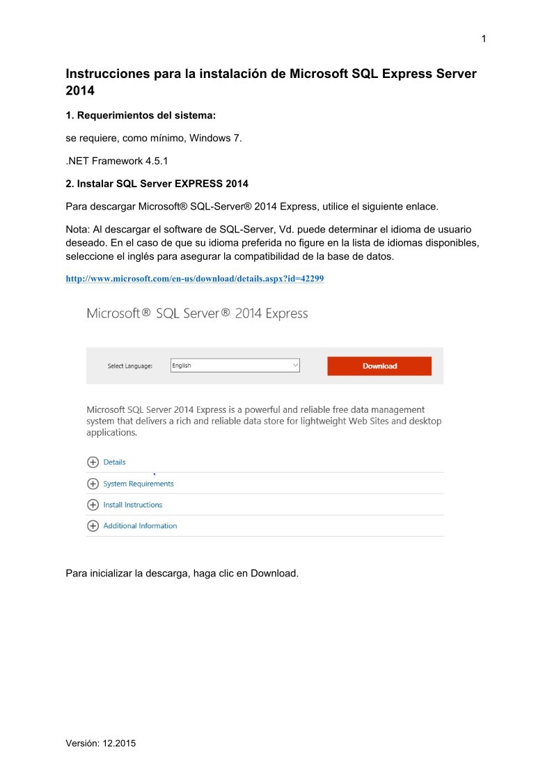 Imágen de pdf Instrucciones para la instalación de Microsoft SQL Express Server 2014