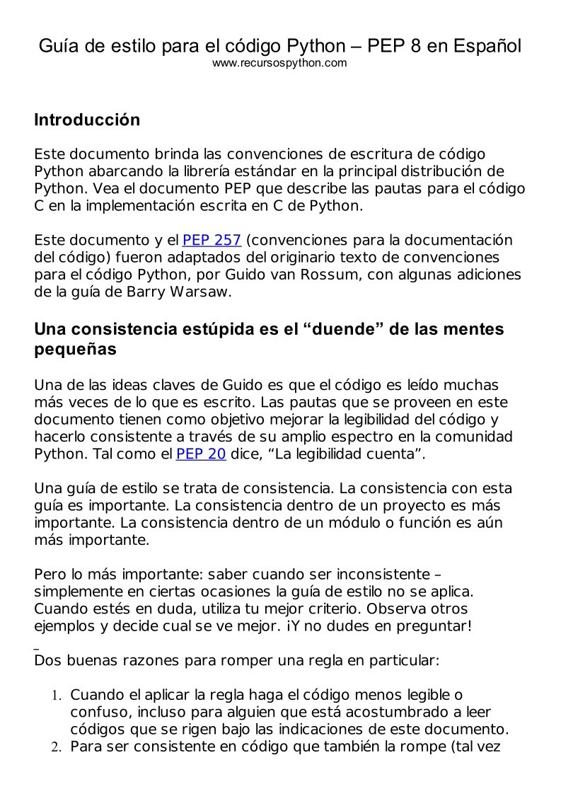 Imágen de pdf PEP 8 en Español - Guía de estilo para el código Python | Recursos Python