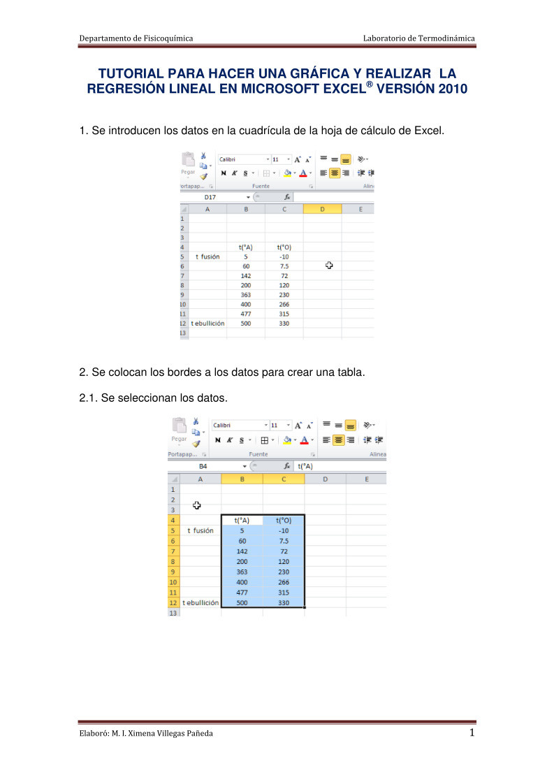 Imágen de pdf Tutorial para hacer una gráfica y realizar la regresión lineal en Microsoft Excel versión 2010