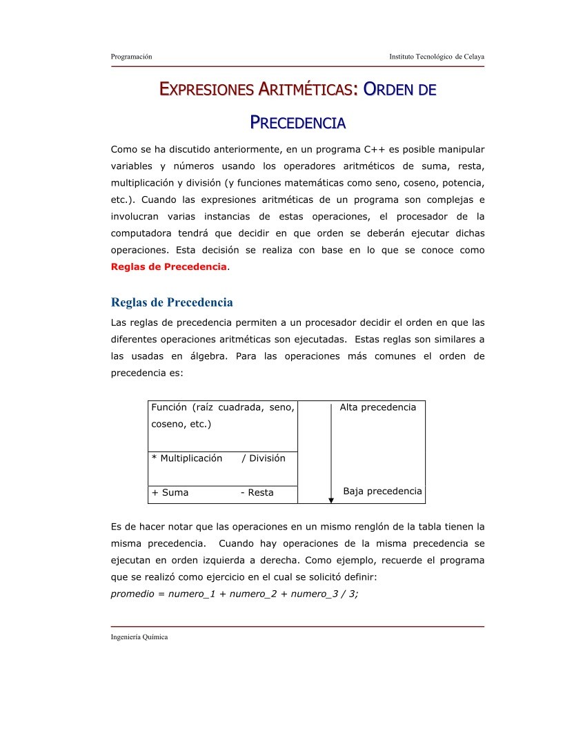 Imágen de pdf Expresiones aritméticas: Orden de procedencia