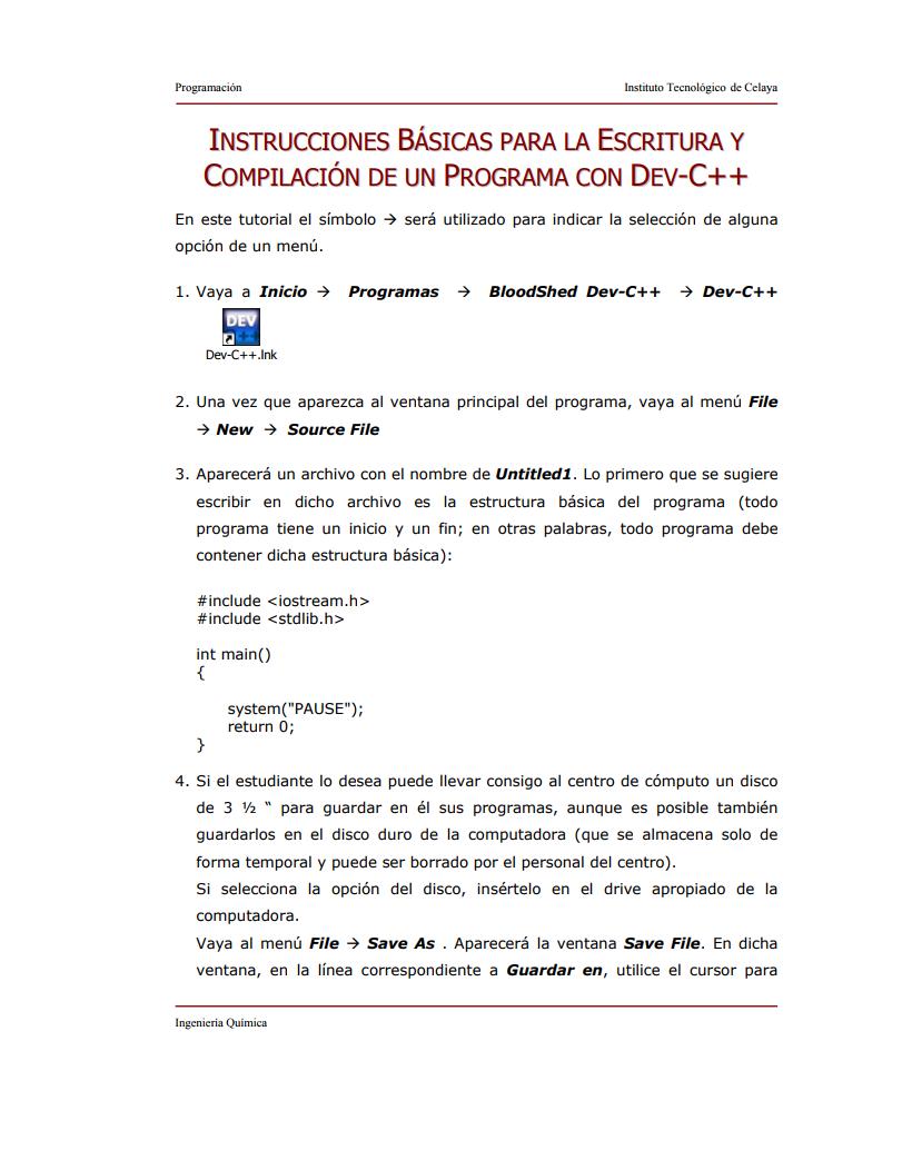 Imágen de pdf Instrucciones básicas para la escritura y compilación de un programa con Dev-C++