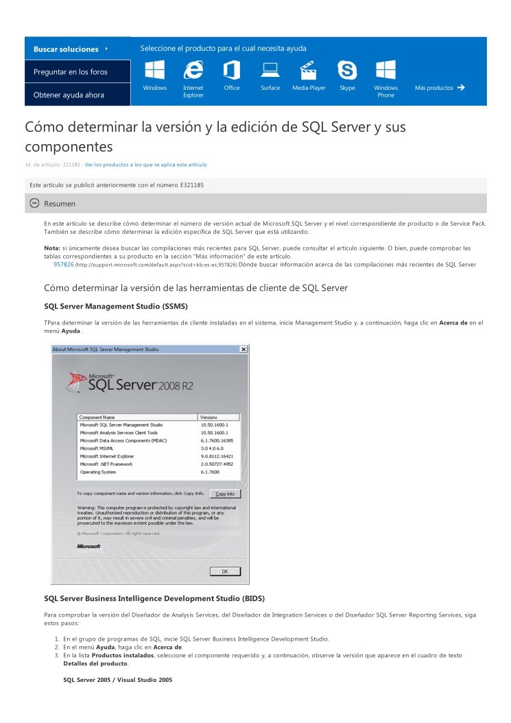 Imágen de pdf Cómo determinar la versión y la edición de SQL Server y sus componentes