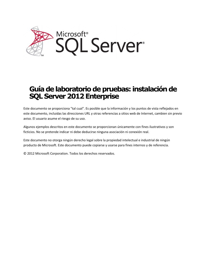 Imágen de pdf Guía de laboratorio de pruebas: instalación de SQL Server 2012 Enterprise