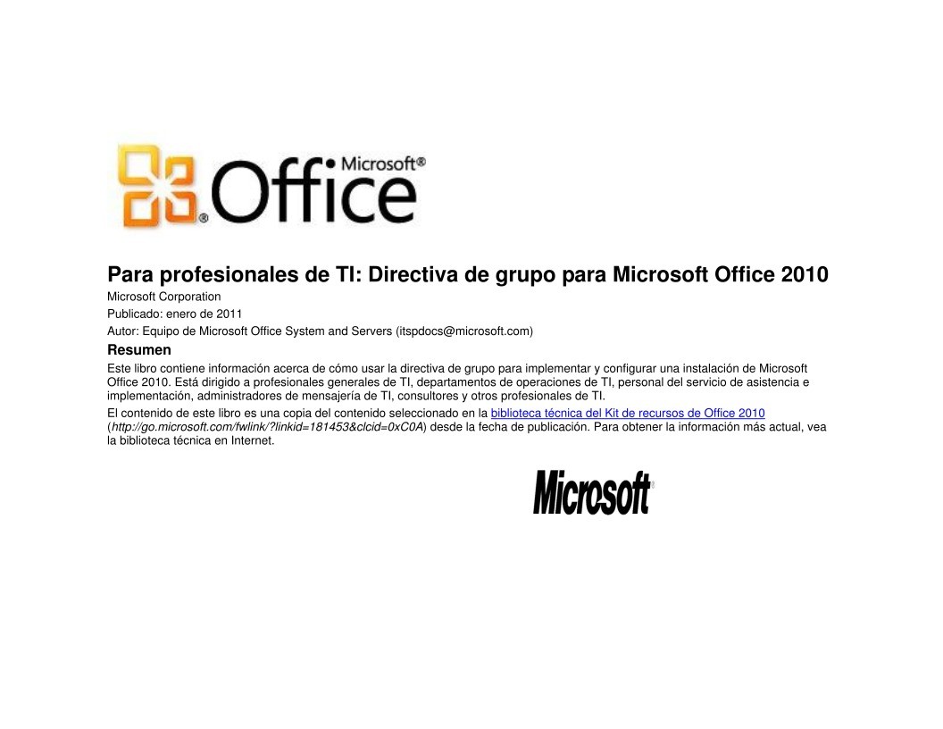 Imágen de pdf Para profesionales de TI: Directiva de grupo para Microsoft Office 2010